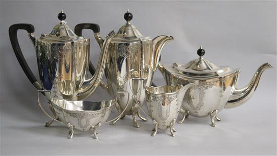 A mid 20th century silver five piece tea and coffee service, Barker Brothers Silver Ltd, Birmingham, 1960, gross 81 oz.